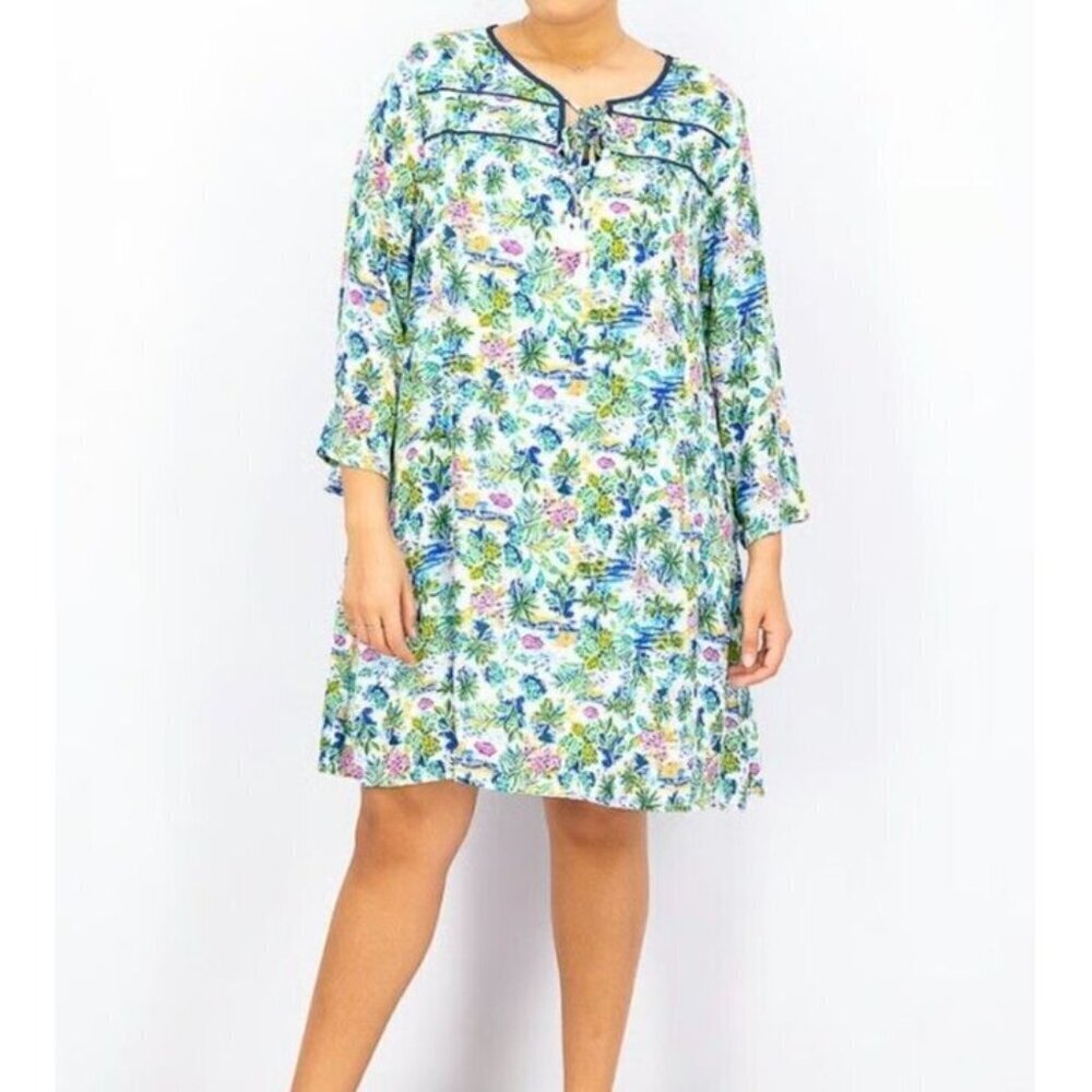 Caribbean Joe Size M Pink White Blue Print Aqua Dress lined Travel Casual nwt